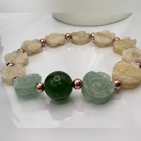 YELLOW JADE + AVENTURINE NATURAL STONES BRACELET 7.5” - Picture 6 of 11